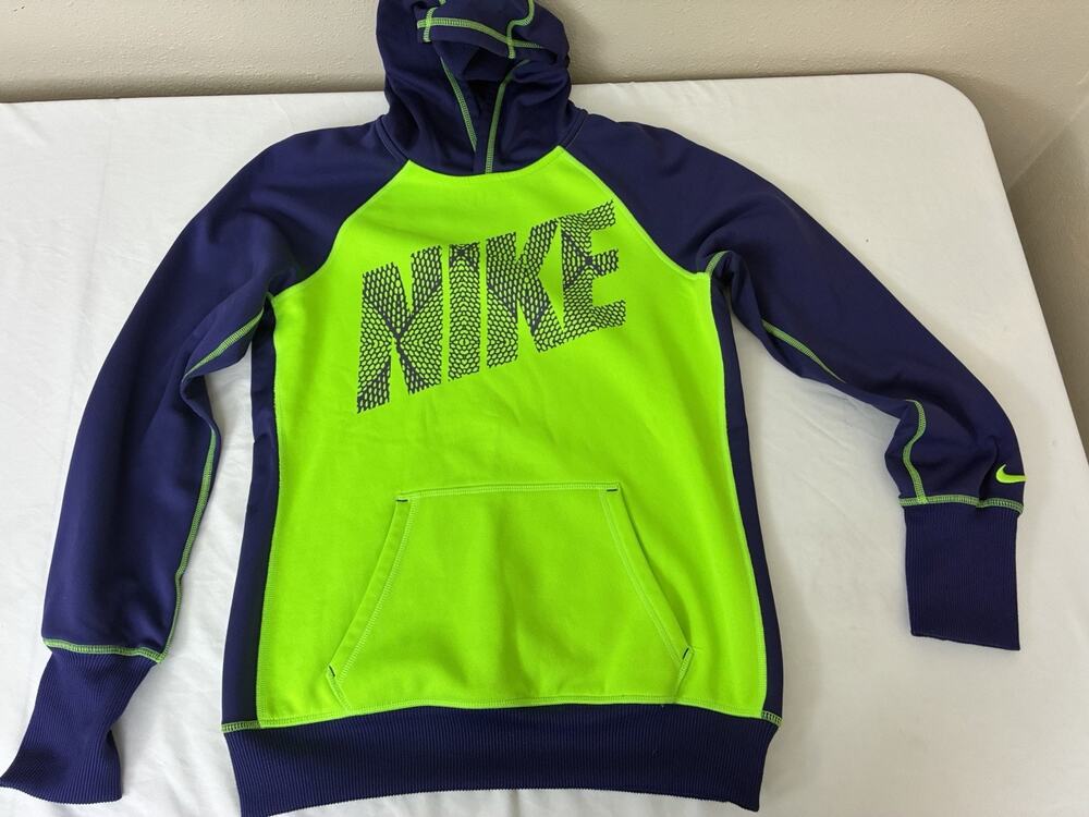 Nike Therma-FIT Hoodie Womens M Neon Green Navy Blue Graphic Pullover